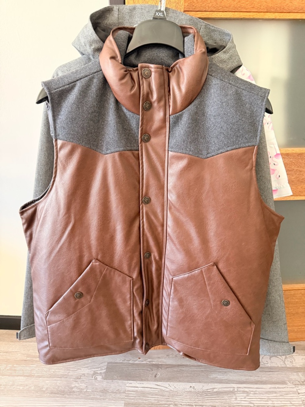 Brown Faux Leather & Gray Wool-Look Puffer Vest